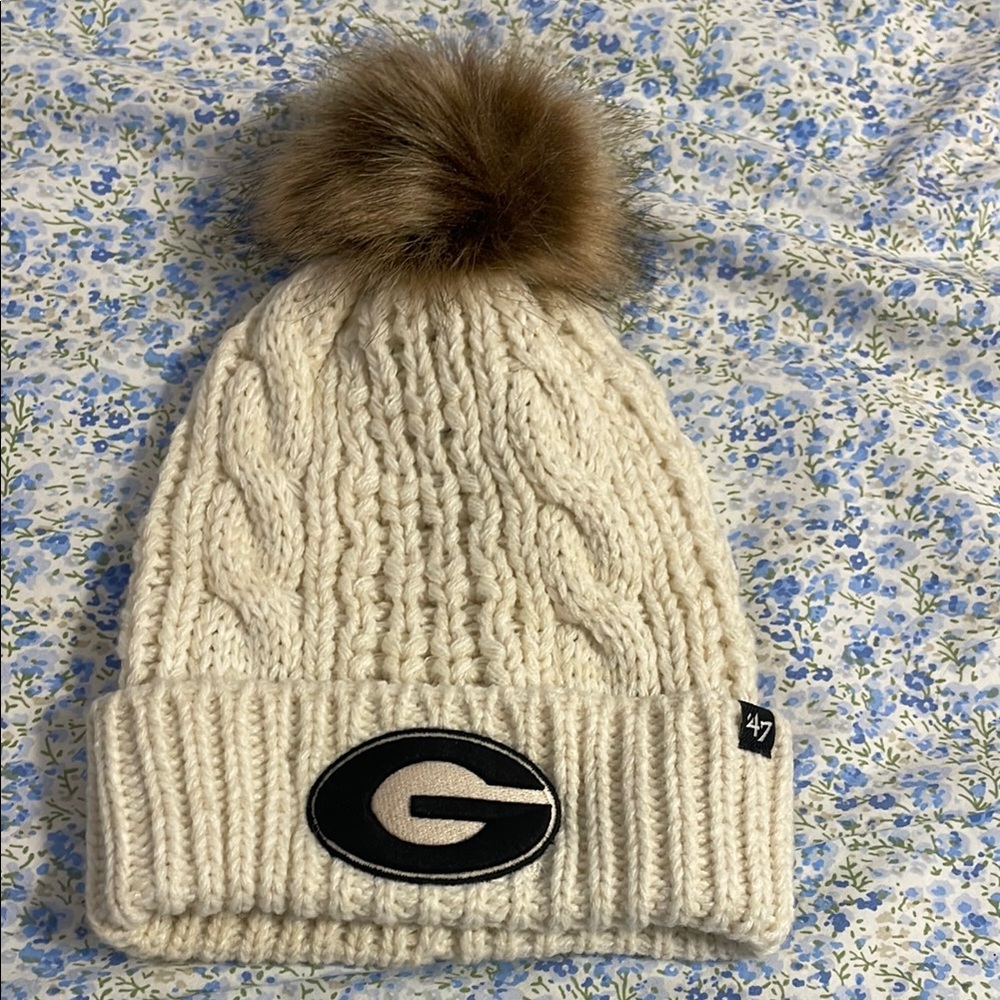 47 Cream Knit Beanie with Brown Pom